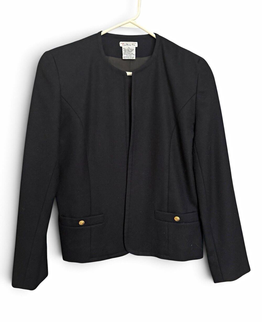 Vintage Talbots Black Wool Collarless Blazer Jacket 10 Gold Tone Buttons Lined M